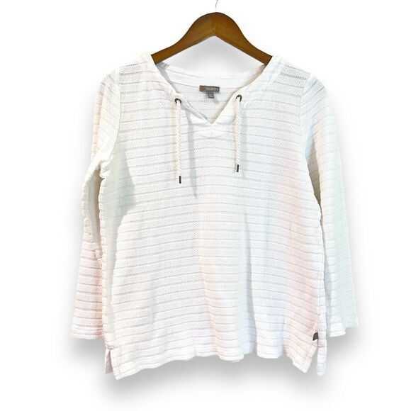 Talbots Petite MP White Stripe Textured Pullover Top Cotton Rope Tie V-Neck - Picture 1 of 5